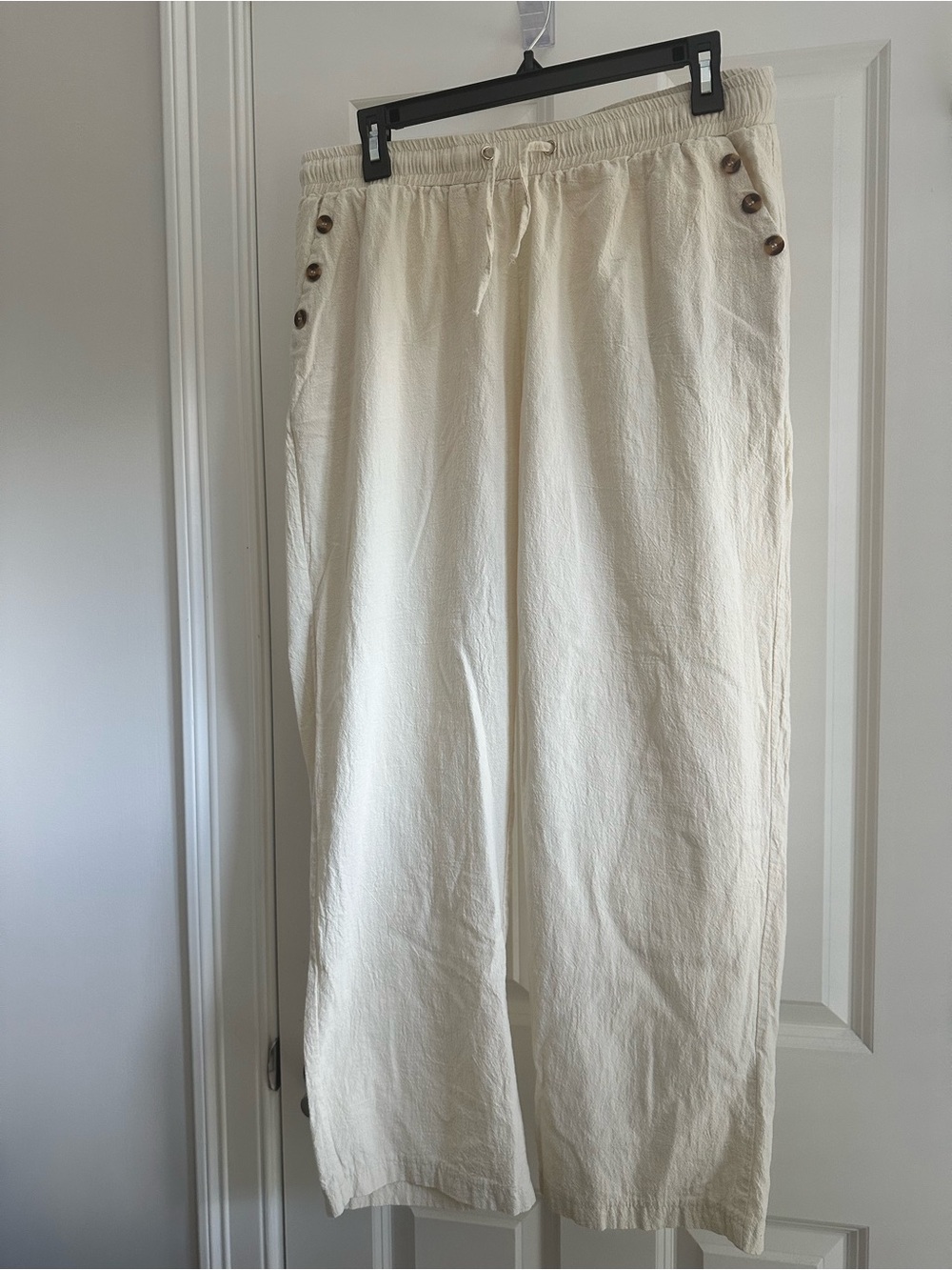 Cream Linen Cotton Pull-On Pants XL Button Detail Cropped